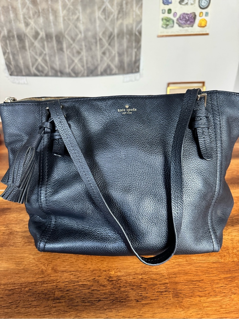 kate spade Black Pebbled Leather Shoulder Tote with Tassel